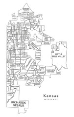 Modern City Map - Kansas Missouri city of the USA with neighborhoods and titles outline map