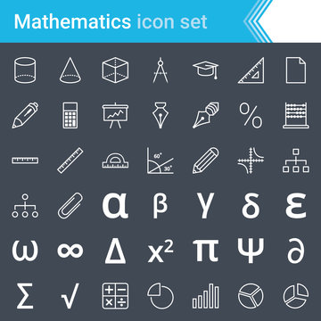 Modern, stroked mathematics icons isolated on dark background.
