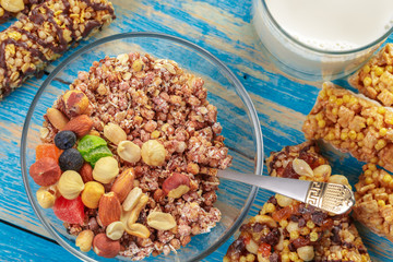Granola bar on wooden background
