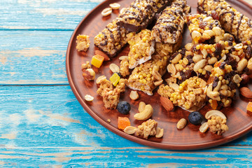 Granola bar on wooden background