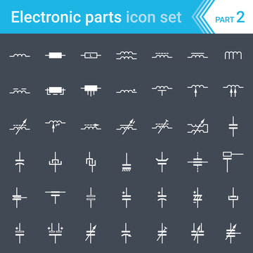 Electric and electronic icons, electric diagram symbols. Inductors, coils, capacitors and electric condensers.
