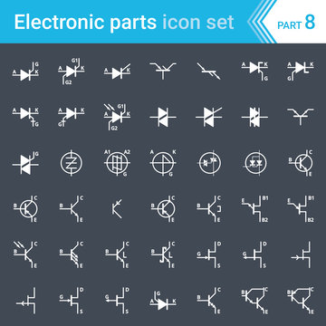 Electric and electronic icons, electric diagram symbols. Thyristors, triacs, diacs and transistors.