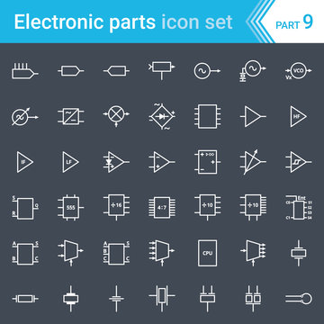 Electric and electronic icons, electric diagram symbols. Circuitry, blocks, stages, amplifier, logic circuits, piezoelectric crystals and crystal oscillators.