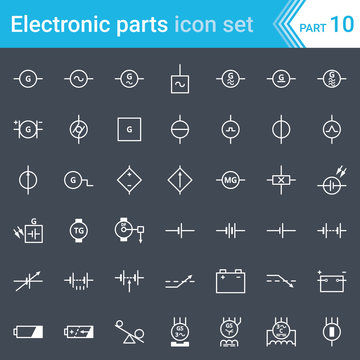 Electric and electronic icons, electric diagram symbols. Generator, batteries, DC power supplies and three-phase generator.