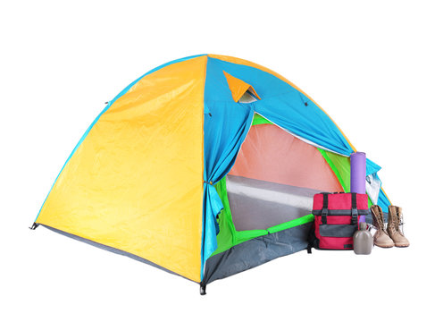 Tourist tent and camping equipment on white background