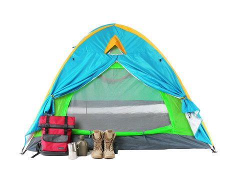 Tourist Tent And Camping Equipment On White Background