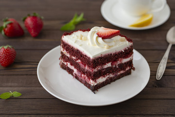 Mousse cake with fresh strawberries, Cheesecake and strawberries on top.