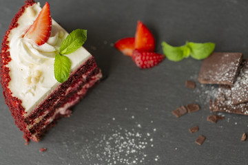 Mousse cake with fresh strawberries, Cheesecake and strawberries on top.