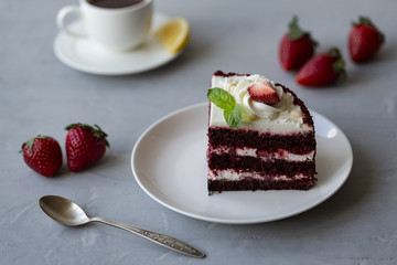 Delicious cake with strawberries on a plate