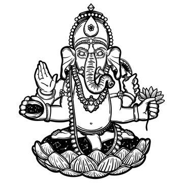 Vector illustration of Ganesha. Hindu god elephant Ganesha. Lineart.