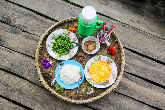 Khantok Thai food traditionally breakfast for gest host at Pa Pong Pieng homestay, Mae Chaem, Chiang Mai, Thailand..