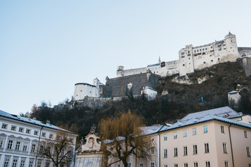 View of the ancient castle on the mountain called Hohensalzburg in Salburg in Austria