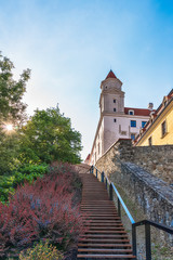 Fototapeta premium Bratislava, Slovakia May 24, 2018: View of the castle in Bratislava. Originally built in 9th century - 18th century. The castle of Bratislava aka Bratislavsky hrad, landmark and tourist attraction.
