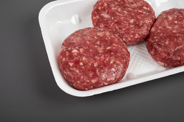 beef burgers in plastic package isolated on white background