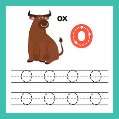Alphabet O exercise with cartoon vocabulary illustration, vector