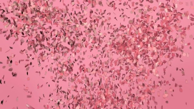 Funny pastel pink or rose gold confetti explosion and fall down. Green screen animation footage.