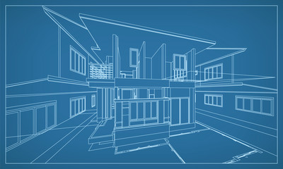 Abstract 3D rendering of building wireframe structure. Vector construction graphic idea.