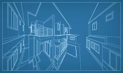 Abstract 3D rendering of building wireframe structure. Vector construction graphic idea.