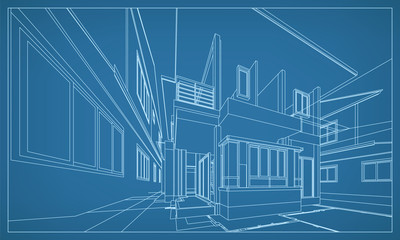 Abstract 3D rendering of building wireframe structure. Vector construction graphic idea.