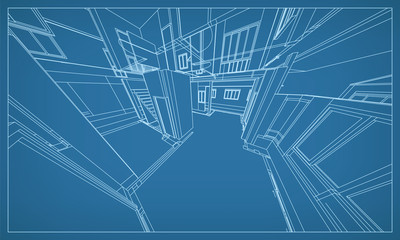 Abstract 3D rendering of building wireframe structure. Vector construction graphic idea for template design.