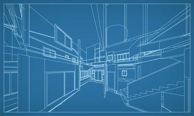 Abstract 3D rendering of building wireframe structure. Vector construction graphic idea for template design.