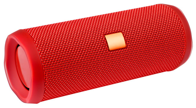 Red wireless bluetooth speaker isolated on white background.