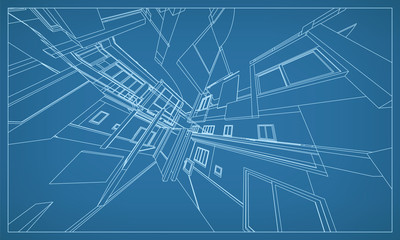 Abstract 3D rendering of building wireframe structure. Vector construction graphic idea for template design.