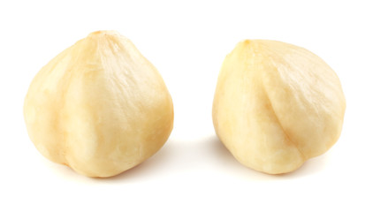 two hazelnuts isolated on a white background. macro