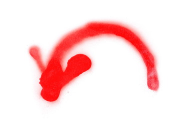 Red spray stain, graffiti curved arrow isolated on white background, clipping path