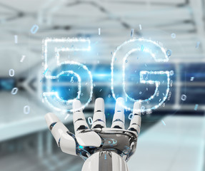 White cyborg hand using 5G network digital hologram 3D rendering