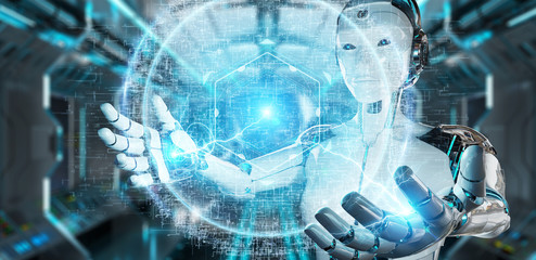 White cyborg woman using digital eye surveillance hologram 3D rendering