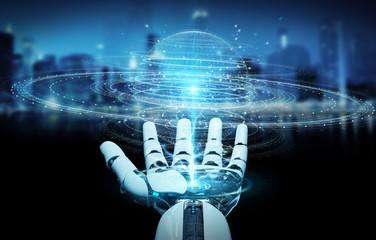 White robot hand using digital sphere connection hologram 3D rendering