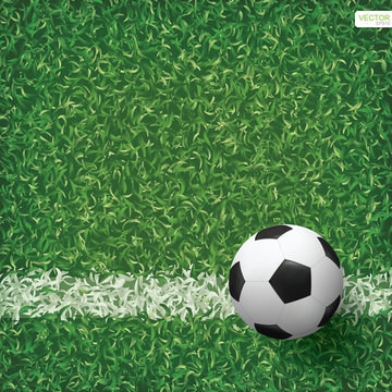 Soccer football ball on green grass of soccer field background. Vector illustration.