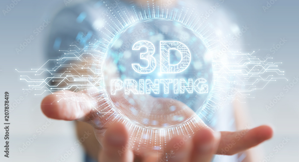 Poster businessman using 3d printing digital hologram 3d rendering