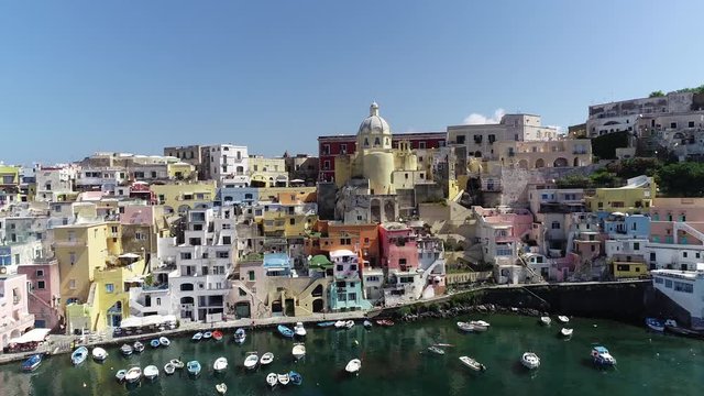 Aerial view of Corriccella fisherman village in Procida, island of the Gulf of Naples, Italy