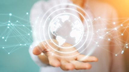 Businesswoman using planet earth network sphere 3D rendering