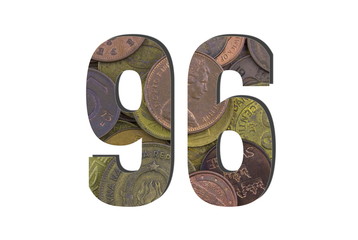 96 Number. Different worlds coins texture. Percent and Discount theme. White isolated