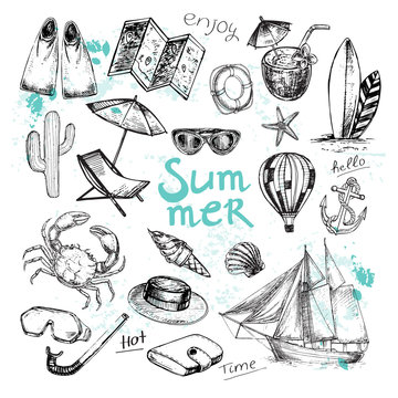 Hand drawn sketch illustration summer collection on a white background