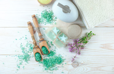 SPA accessories for massage in a composition on a light background