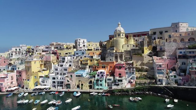 Aerial view of Corriccella fisherman village in Procida, island of the Gulf of Naples, Italy