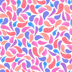 Seamless pattern of watercolor splash drops isolated on white background. Abstract geometric texture on watercolor paper.