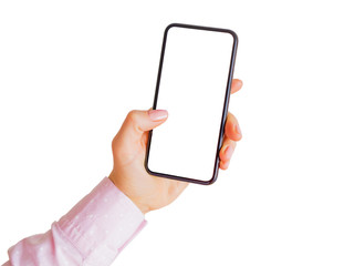 Person holding phone with empty white touchscreen. Mobile app mockup.