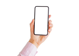 Person holding phone in hand with empty white screen. Mobile app mockup.