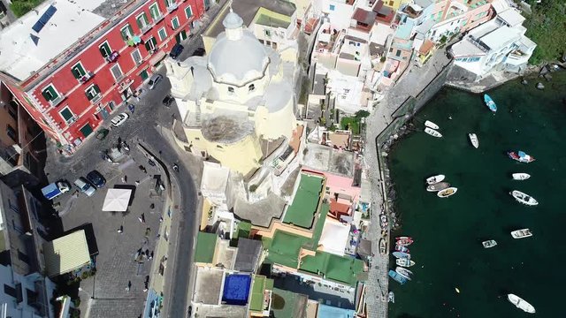 Aerial view of Corriccella fisherman village in Procida, island of the Gulf of Naples, Italy