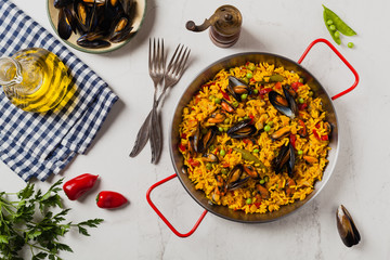 Traditional paella with mussels.