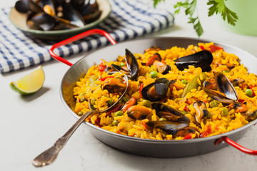 Traditional paella with mussels.