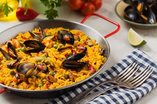 Traditional paella with mussels.