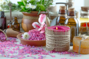 SPA accessories for massage in a composition on a light background