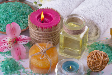 SPA accessories for massage in a composition on a light background