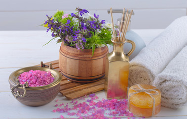 SPA accessories for massage in a composition on a light background